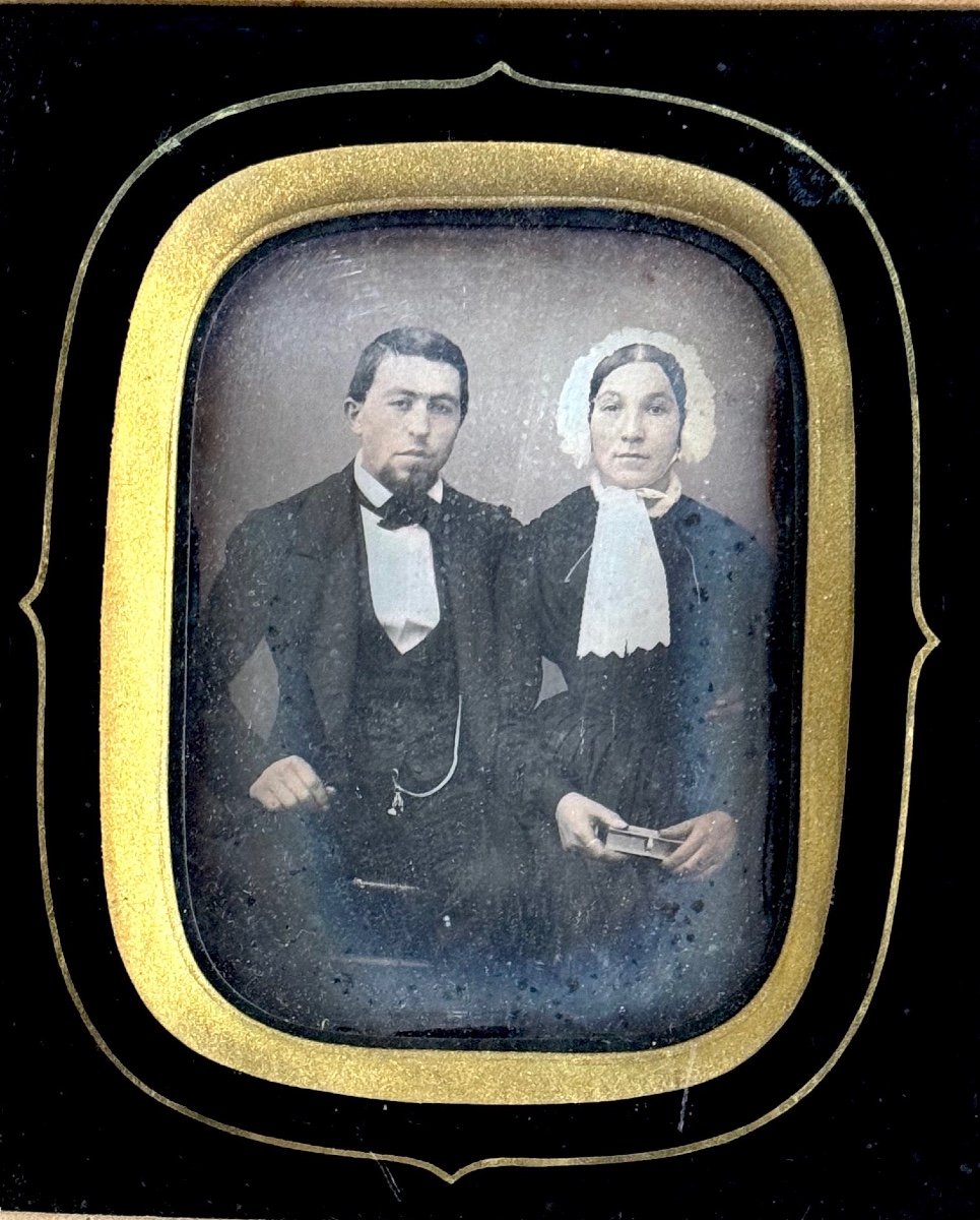 Enhanced Daguerreotype Elegant Couple Circa 1850