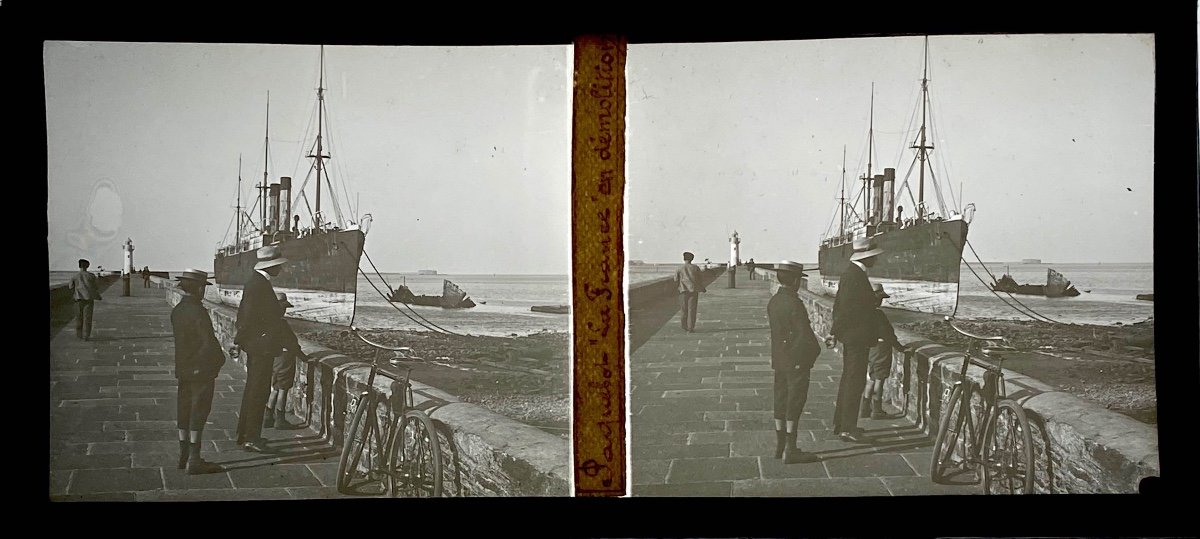 Glass Plate Stereoscopic View "la France Ocean Liner Being Demolished" C.1910-photo-3