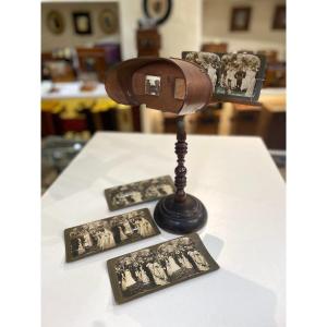 Holmes Stereoscope On Stand With 4 “wedding” Cards 