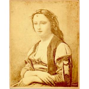 Woman With A Pearl Earring By Corot, Vintage Albumen Print With Dedication From Corot 1849