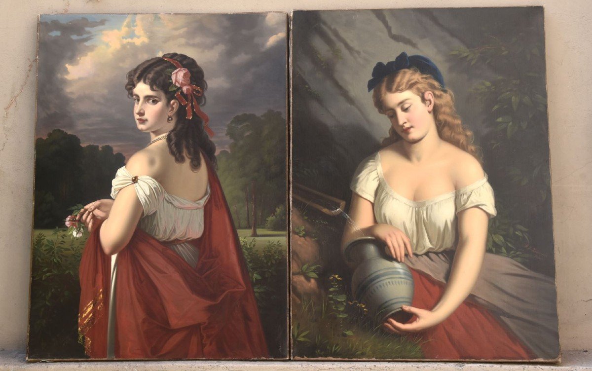 Paire De Peintures Autrichiennes Anciennes Des Années 1800