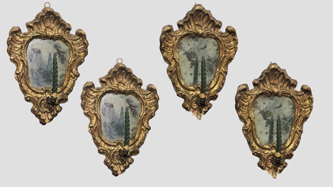 Four Old Small Louis XIV Mirrors (fans) In Papier Machè