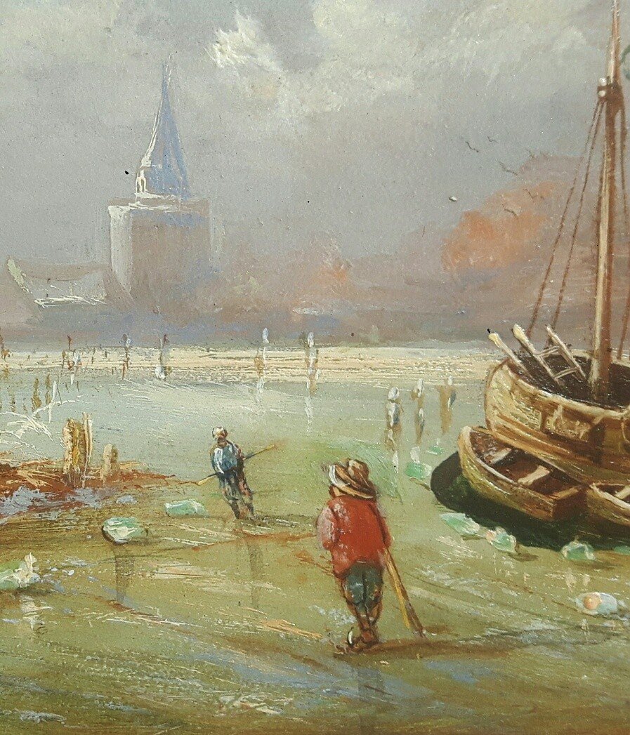 Tableau école flamande XIX° Siècle - Paysage aux patineurs-photo-2