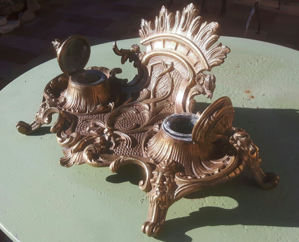 Louis XV Style Bronze Inkwell, Napoleon III Period-photo-2