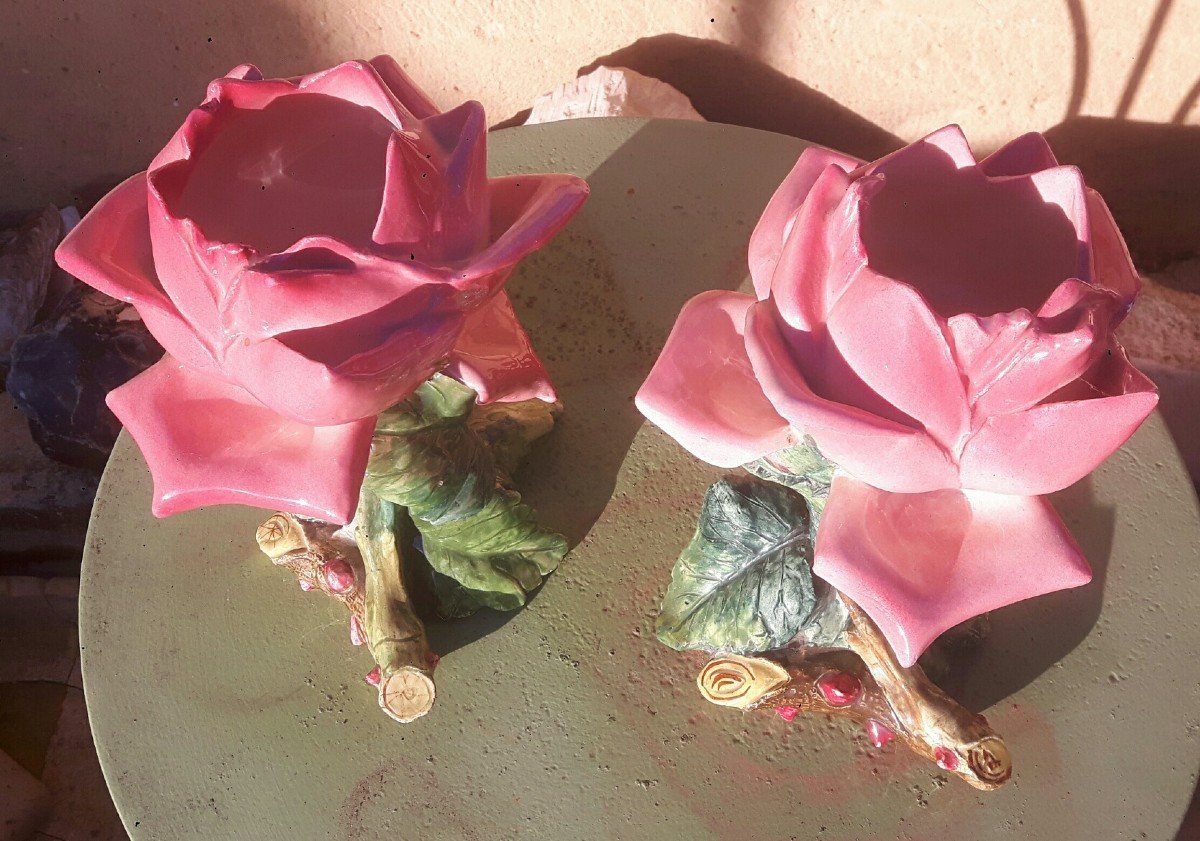 Paire De Vases En Céramique En Forme De Roses Par Delphin Massier-photo-3