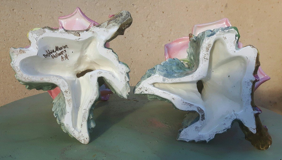 Paire De Vases En Céramique En Forme De Roses Par Delphin Massier-photo-4