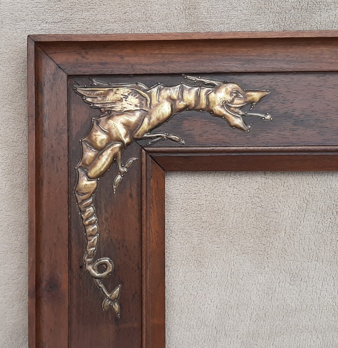 Rare Art Nouveau Walnut Frame With Brass Appliques With Devil And Dragon Patterns-photo-3