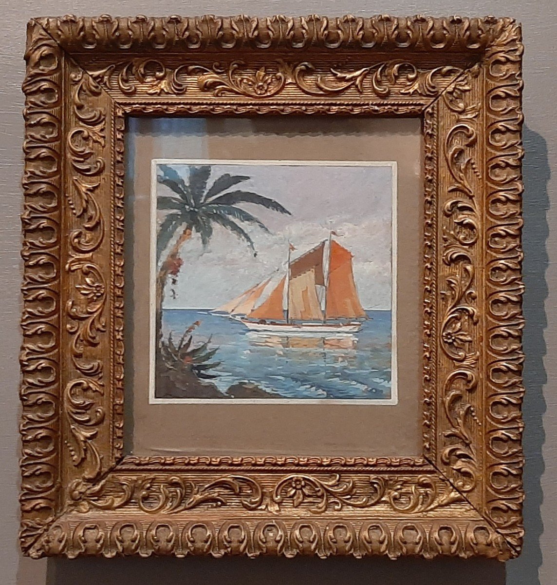 Small Marine Depicting A Sailboat Early 20th Century In The Islands - Gouache