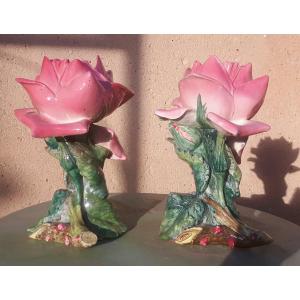 Pair Of Ceramic Vases In The Shape Of Roses By Delphin Massier