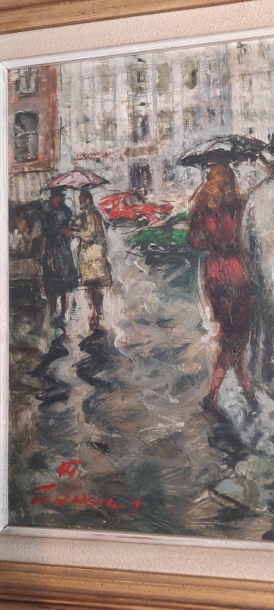 Huile Sur Isorel "Paris Sous La Pluie" Signée-photo-2