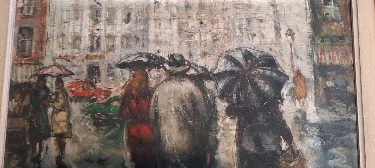 Huile Sur Isorel "Paris Sous La Pluie" Signée-photo-4