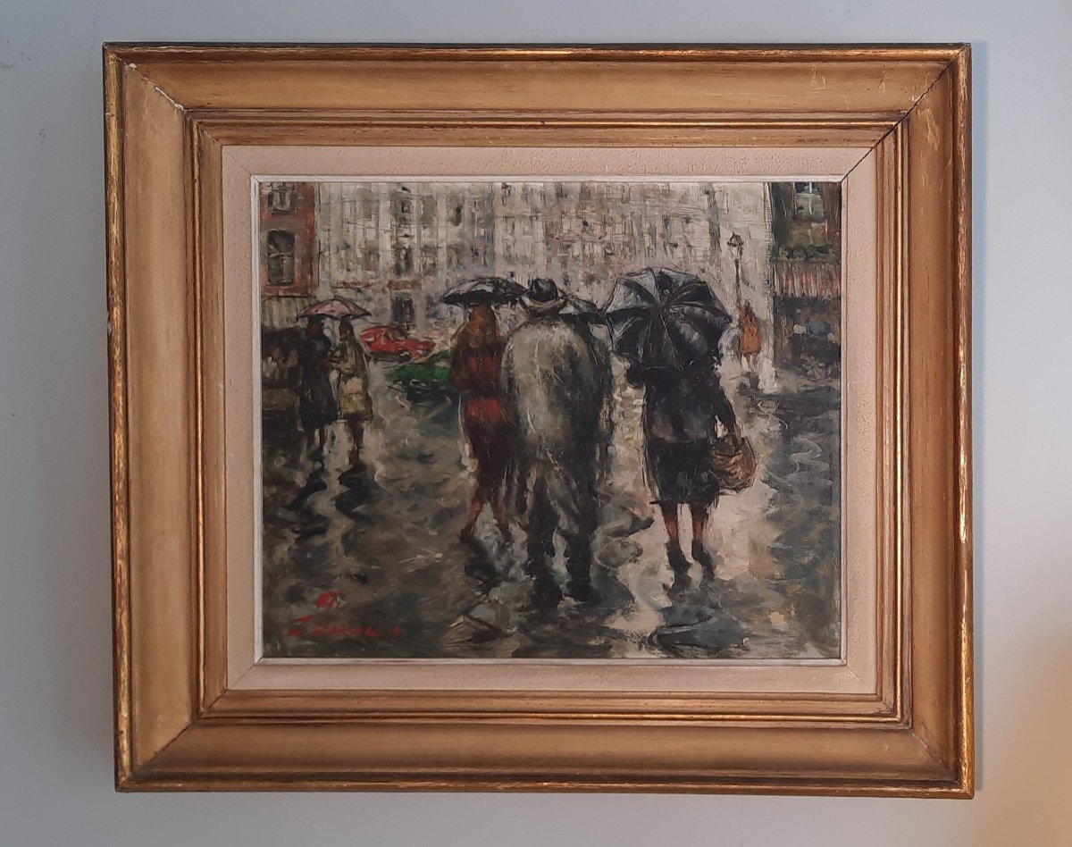 Huile Sur Isorel "Paris Sous La Pluie" Signée-photo-2