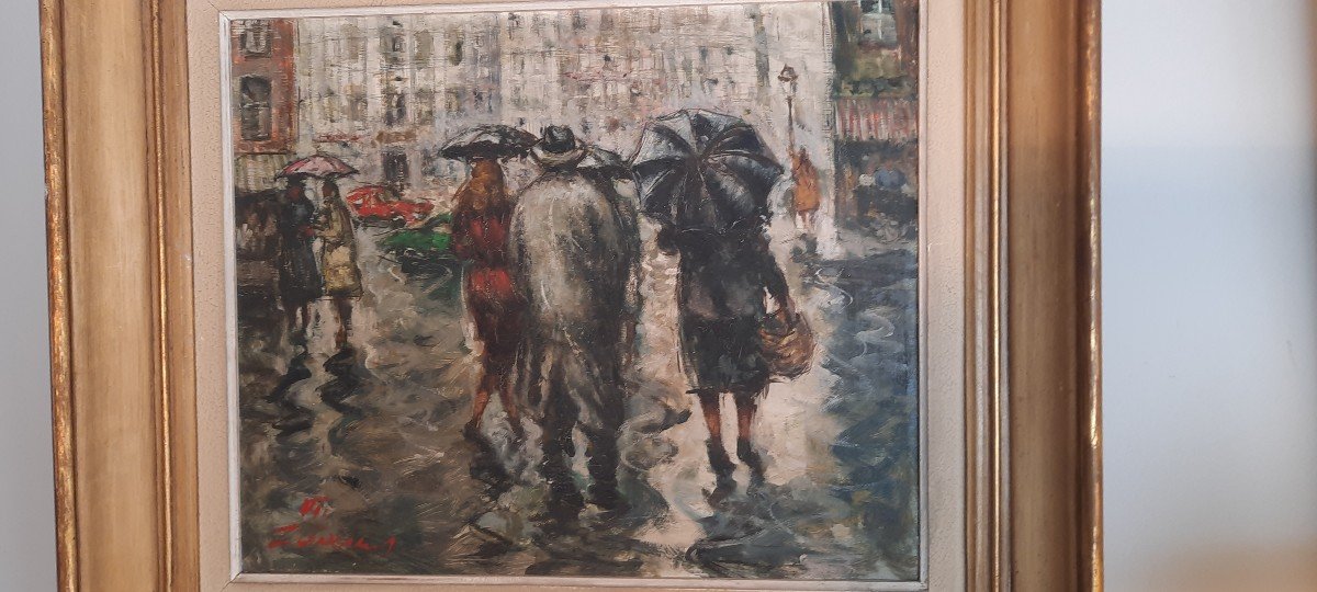 Huile Sur Isorel "Paris Sous La Pluie" Signée