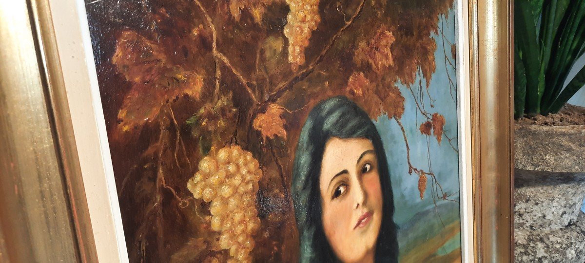 Oil On Panel "young Woman With Grapes" V.simon-photo-4