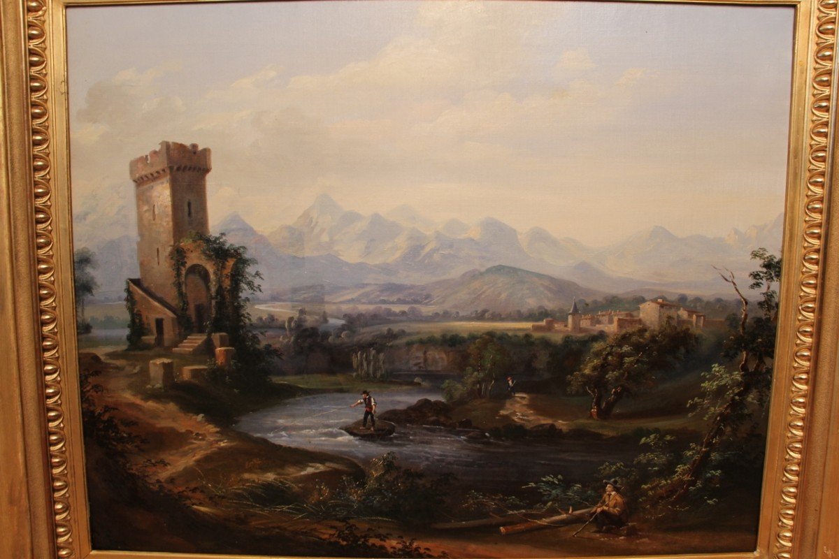 Large Nineteenth Romantic Landscape Painting-photo-3