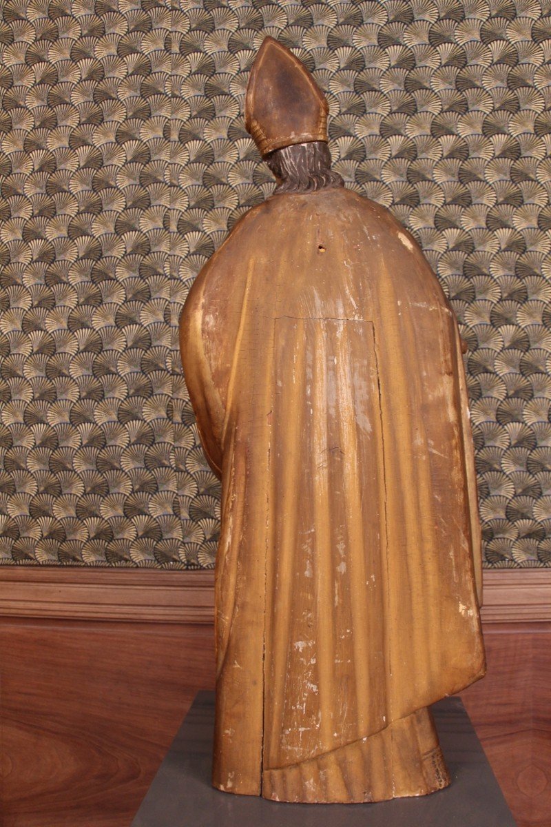 Grande Statue En Bois Doré XVIIIème d'Un Saint évêque Mitre Amovible -photo-3