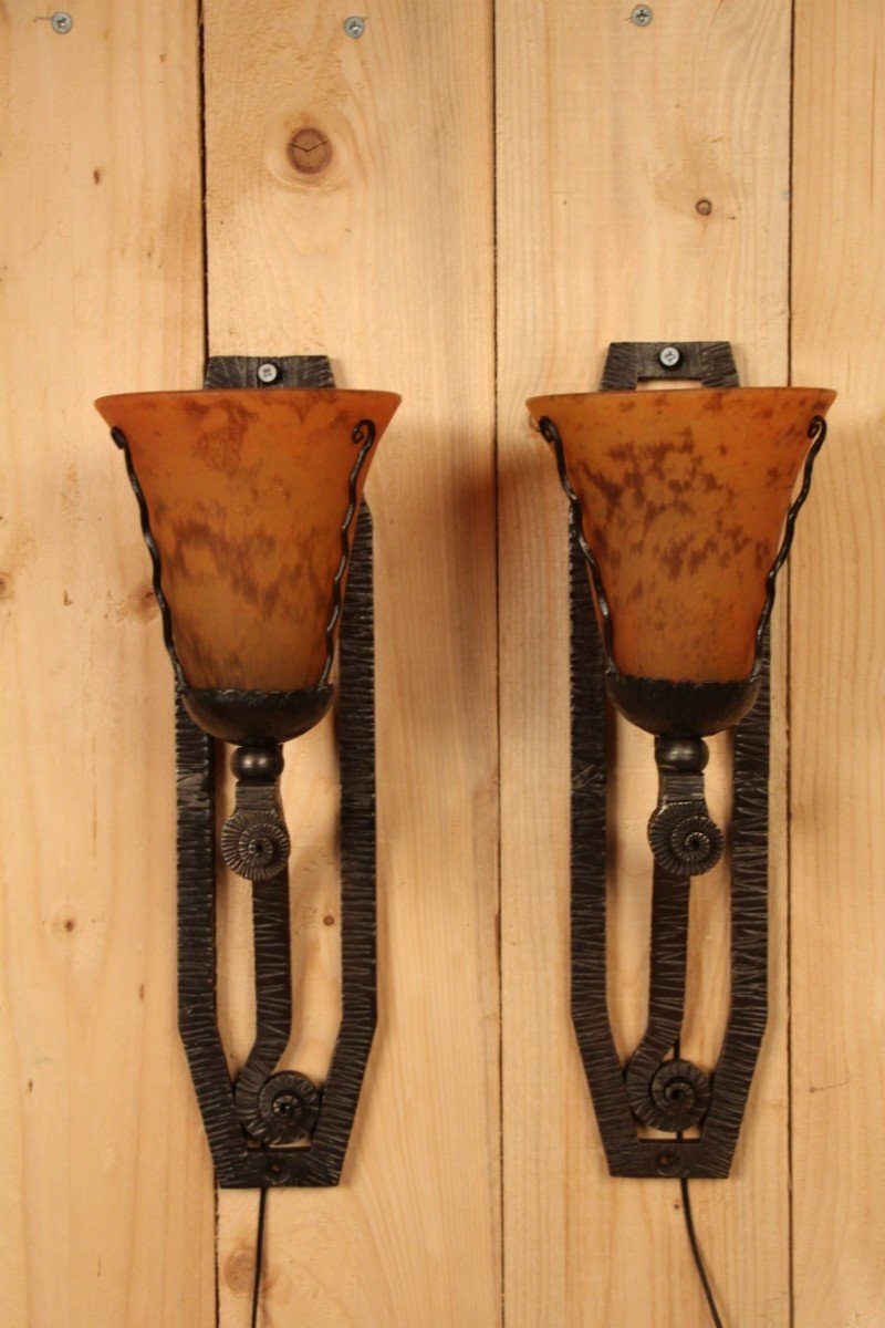 Pair Of Art Deco Sconces From Daum And Wrought Iron -photo-2