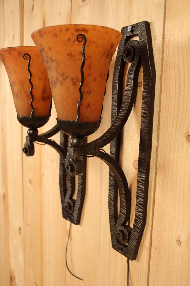 Pair Of Art Deco Sconces From Daum And Wrought Iron -photo-3