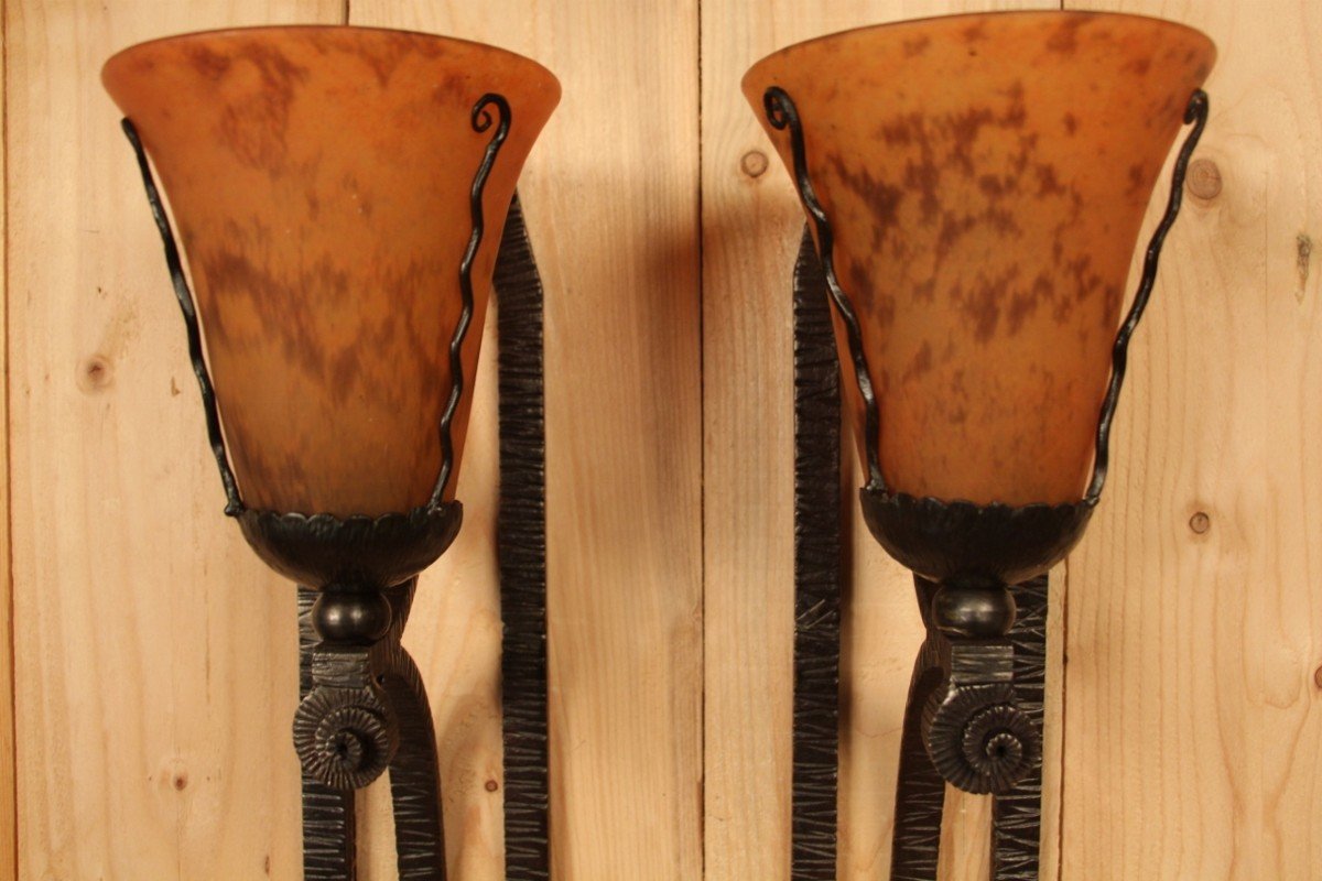 Pair Of Art Deco Sconces From Daum And Wrought Iron -photo-1