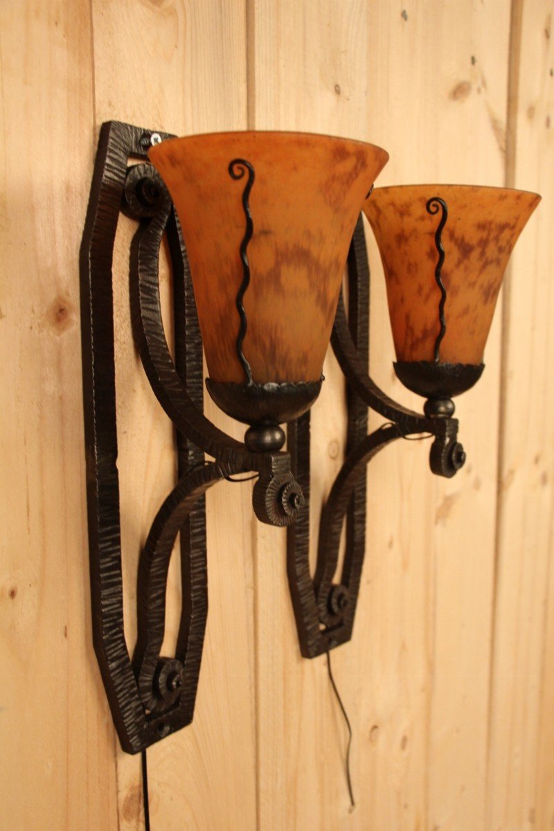 Pair Of Art Deco Sconces From Daum And Wrought Iron 