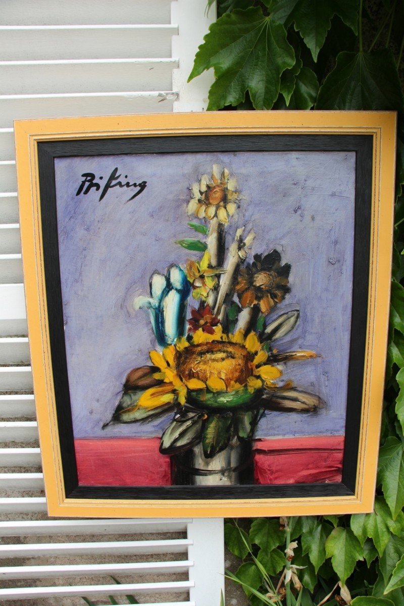 Oil On Canvas "bouquet Of Flowers" Sunflowers By Franz Priking -photo-2