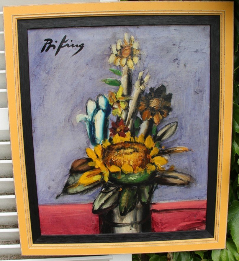 Oil On Canvas "bouquet Of Flowers" Sunflowers By Franz Priking 