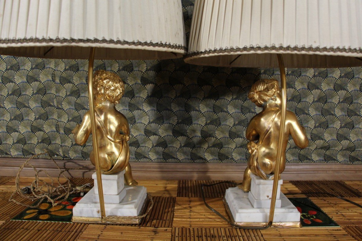 Pair Of Putti Lamps In Gilt Bronze -photo-2