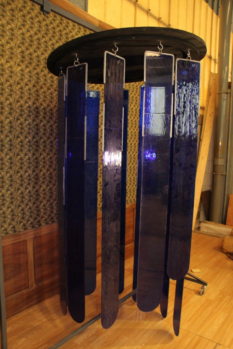 Immense Lustre Des Années 70 En Verre De Vitrail Bleu Roi 220 cm de hauteur-photo-4