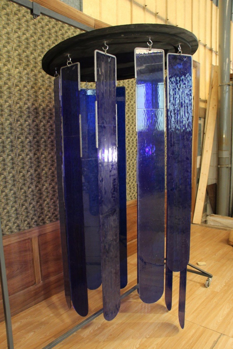 Immense Lustre Des Années 70 En Verre De Vitrail Bleu Roi 220 cm de hauteur-photo-1
