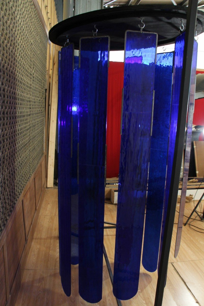 Huge 70s Chandelier In Royal Blue Stained Glass 220 Cm High-photo-5