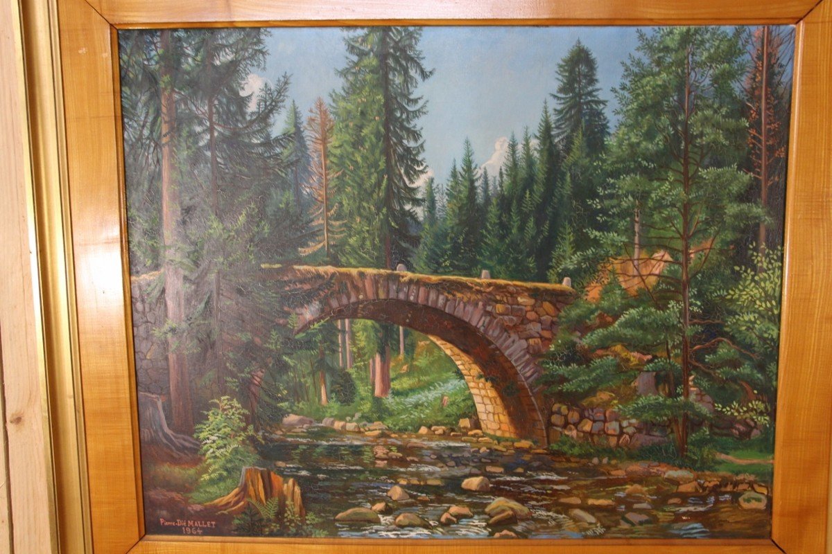 Large Painting By Pierre Dié Mallet "the Bridge Of The Fairies" Gérardmer -photo-2