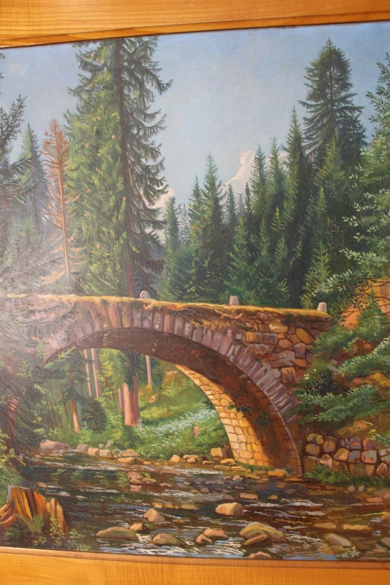 Large Painting By Pierre Dié Mallet "the Bridge Of The Fairies" Gérardmer -photo-2