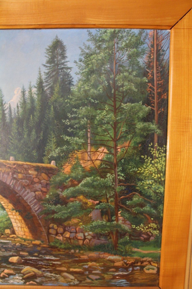 Large Painting By Pierre Dié Mallet "the Bridge Of The Fairies" Gérardmer -photo-3