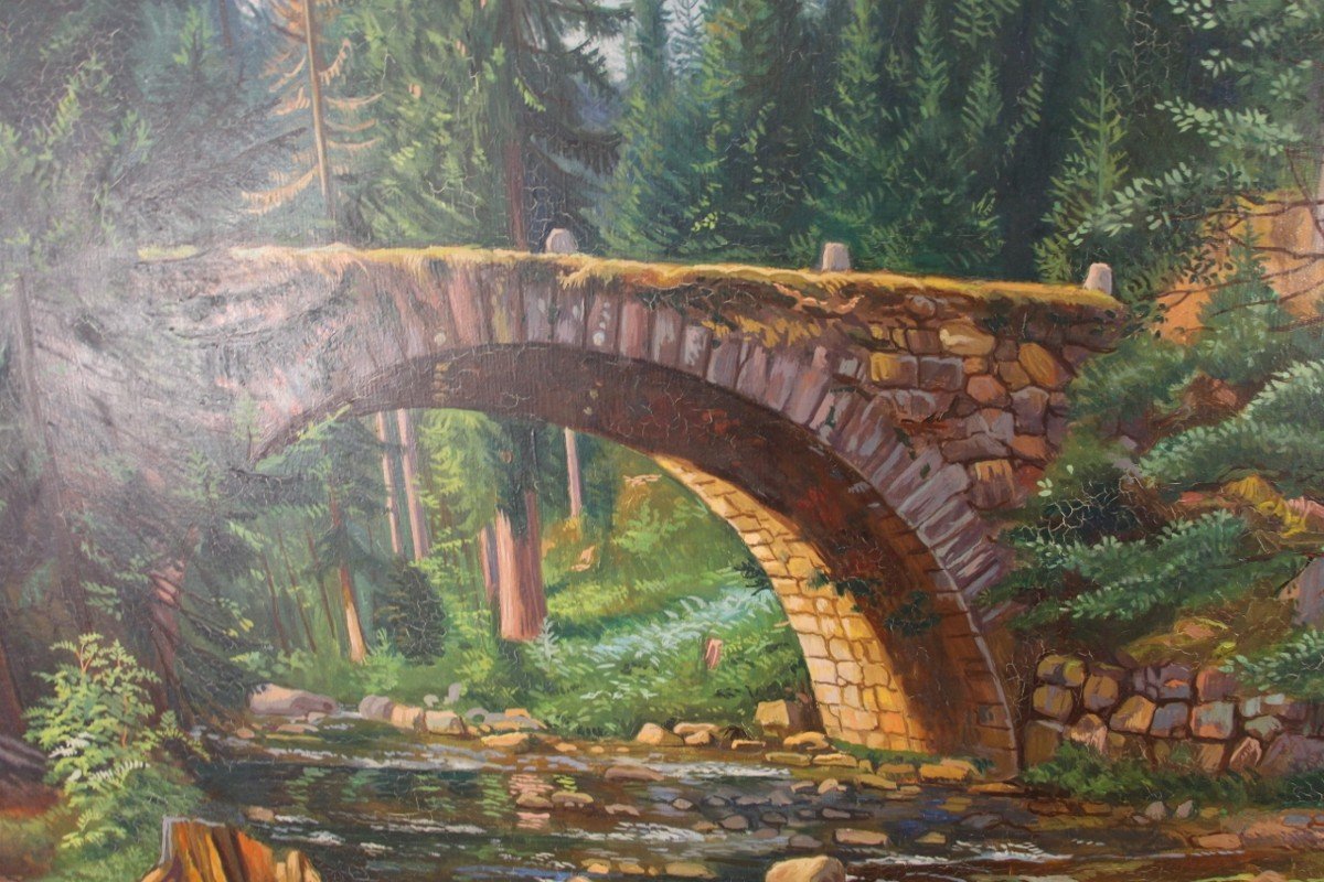 Large Painting By Pierre Dié Mallet "the Bridge Of The Fairies" Gérardmer -photo-4