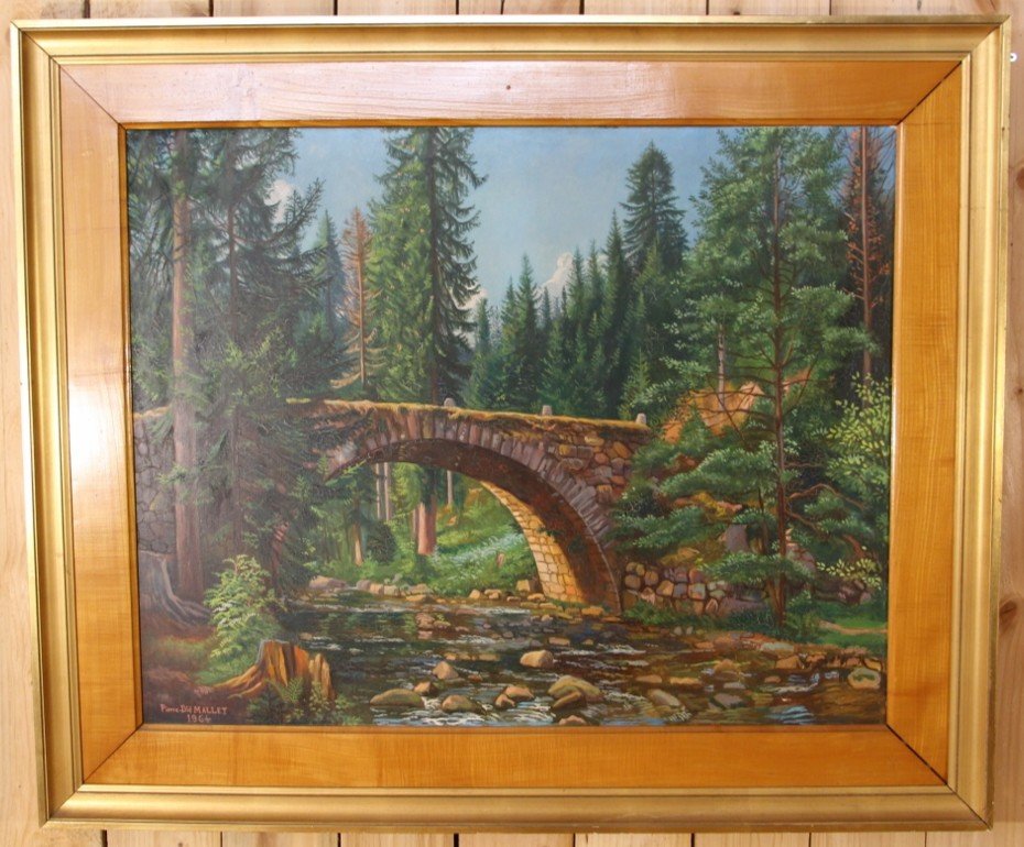 Large Painting By Pierre Dié Mallet "the Bridge Of The Fairies" Gérardmer 