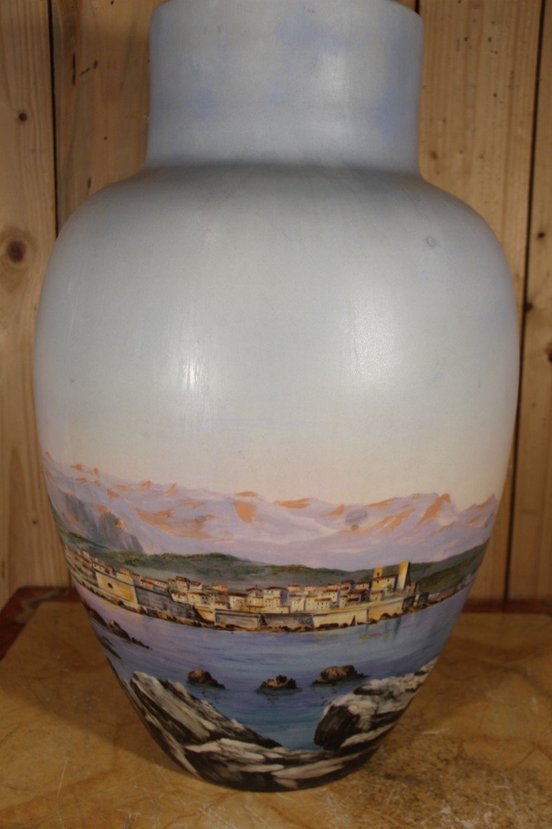 Grand Vase En Céramique Signé Massier A Vallauris " Vue d'Antibes " -photo-2