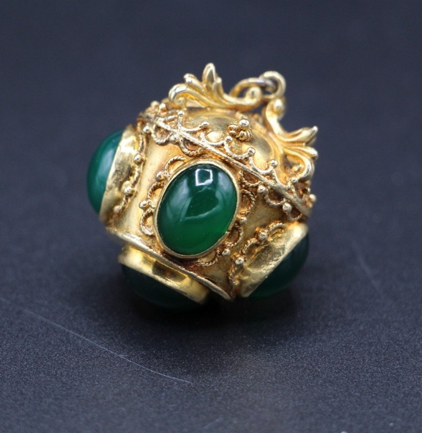 Large Pendant Featuring A Gold Crown Decorated With Green Stone, Renaissance Style