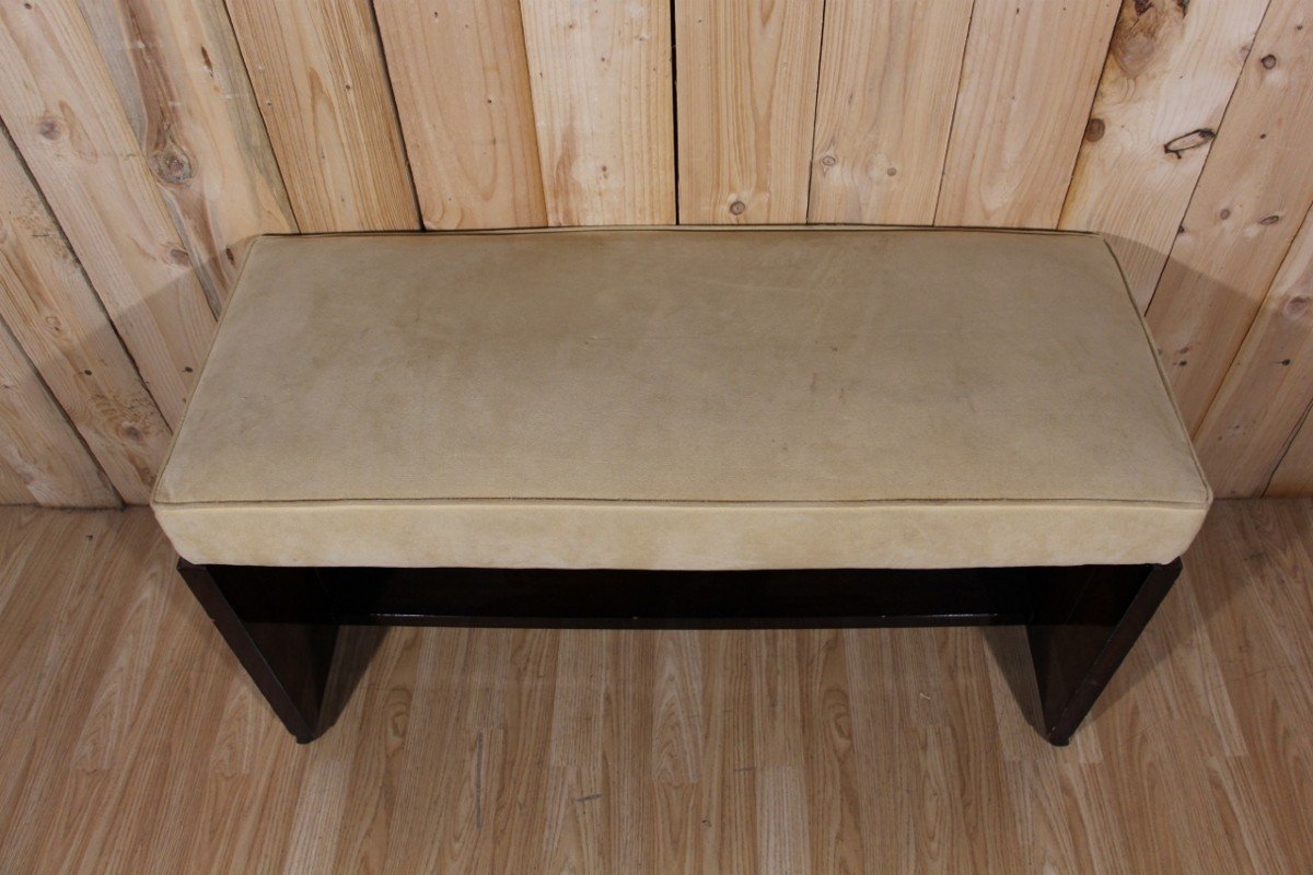 Art Deco Bench In Beige Velvet And Veneer Wood -photo-2