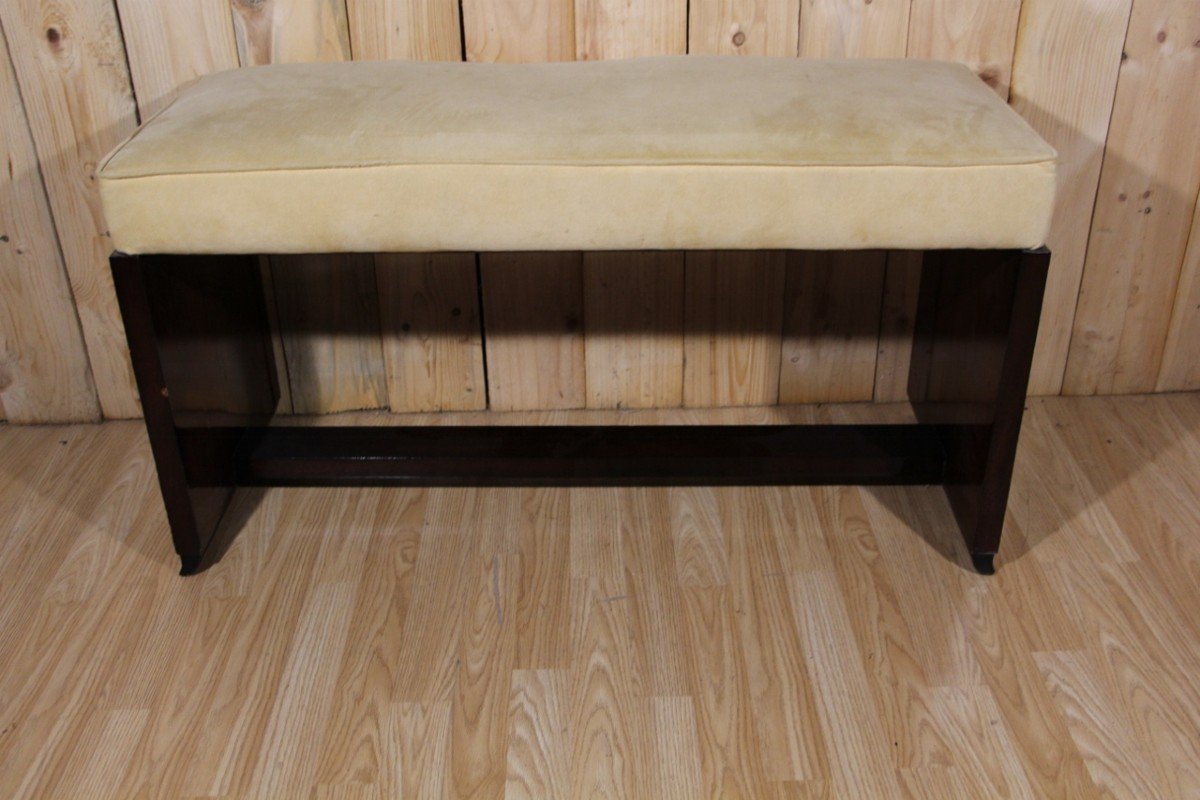 Art Deco Bench In Beige Velvet And Veneer Wood -photo-1