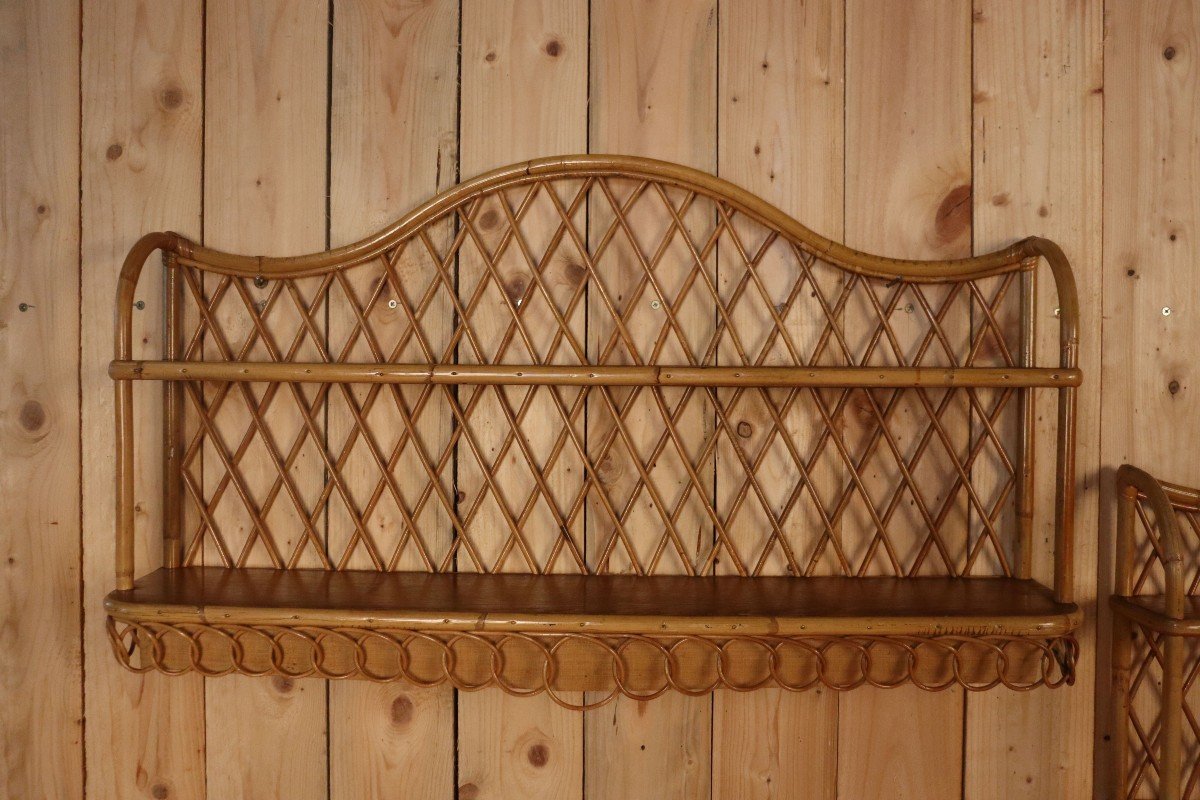 Large Pair Of Rattan Wall Shelves Attributed To Audoux Minnet-photo-2