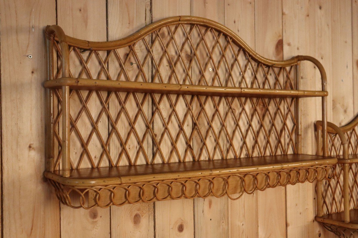 Large Pair Of Rattan Wall Shelves Attributed To Audoux Minnet-photo-3