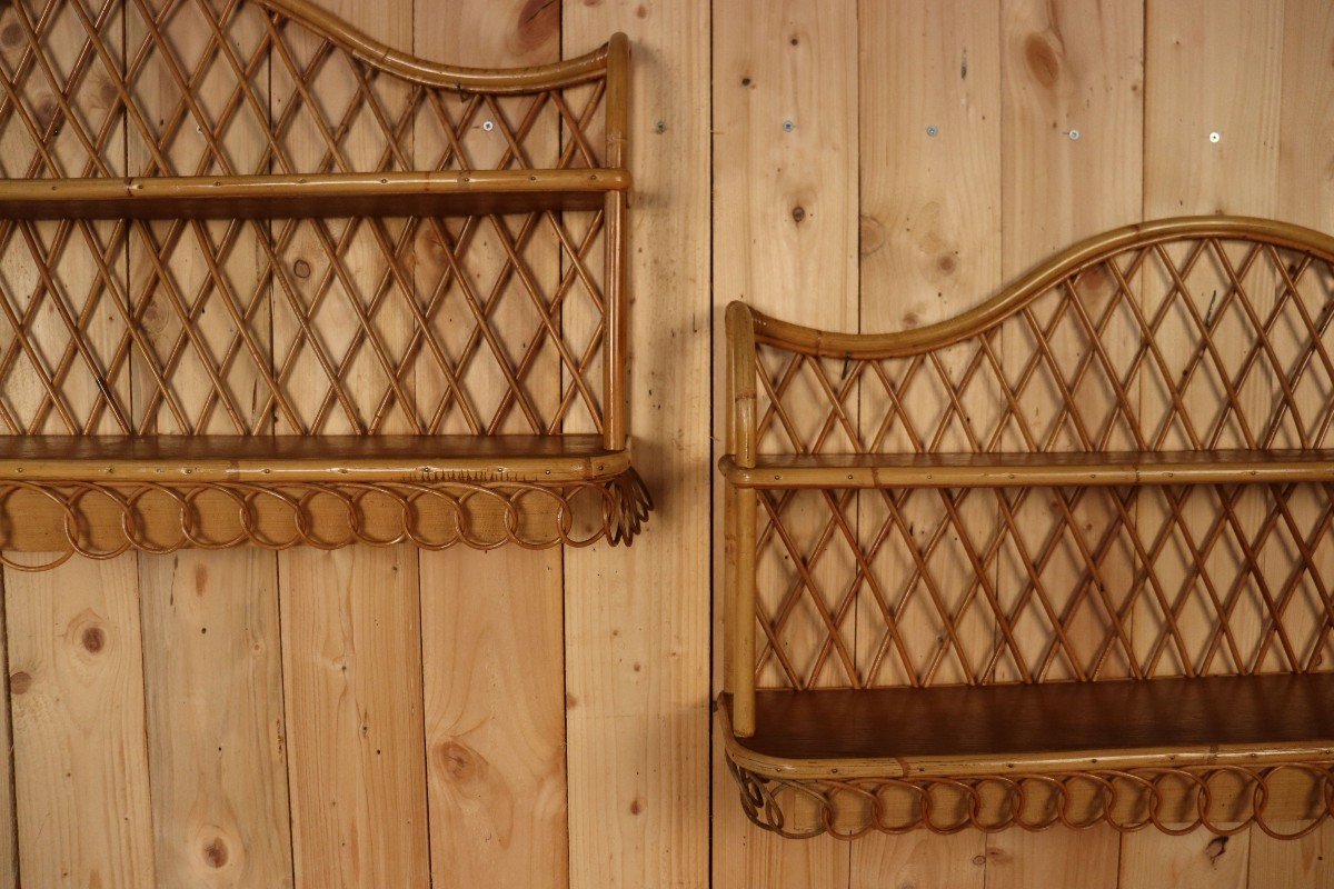 Large Pair Of Rattan Wall Shelves Attributed To Audoux Minnet-photo-4