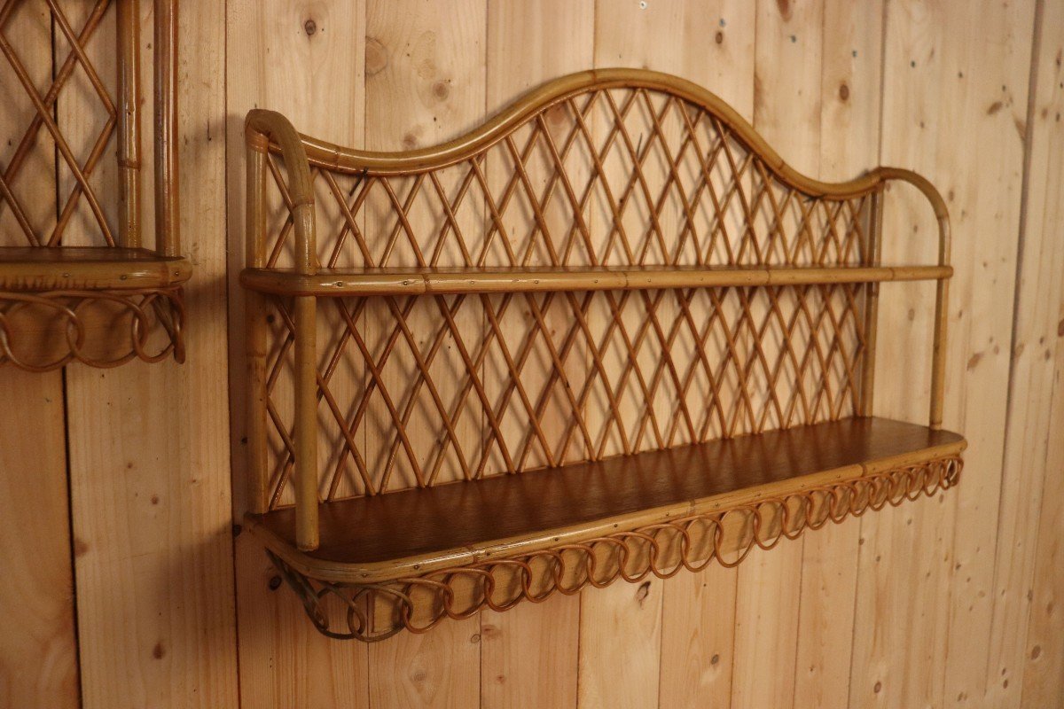 Large Pair Of Rattan Wall Shelves Attributed To Audoux Minnet-photo-1