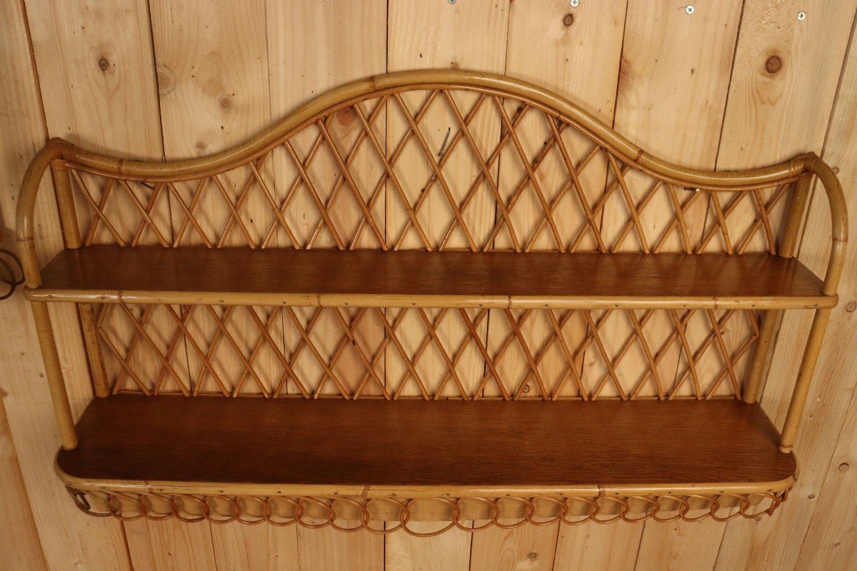 Large Pair Of Rattan Wall Shelves Attributed To Audoux Minnet-photo-2