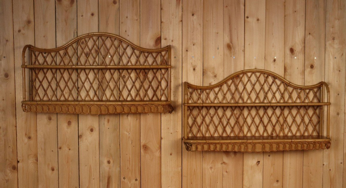 Large Pair Of Rattan Wall Shelves Attributed To Audoux Minnet