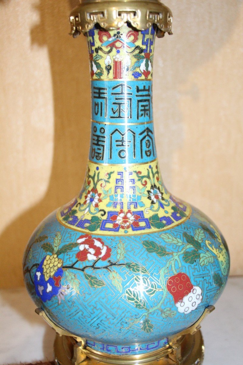 Paire De Vases Cloisonné Chine , Monté En Lampe A Pétrole De La Maison Marnyhac-photo-2