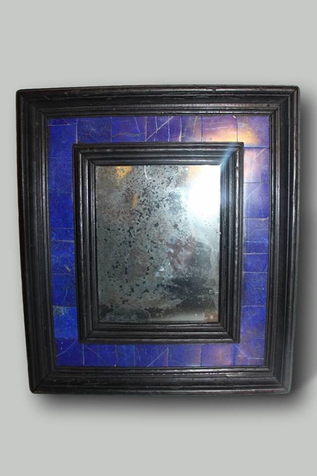 Small Blackened Wood Mirror In Lapis Lazuli