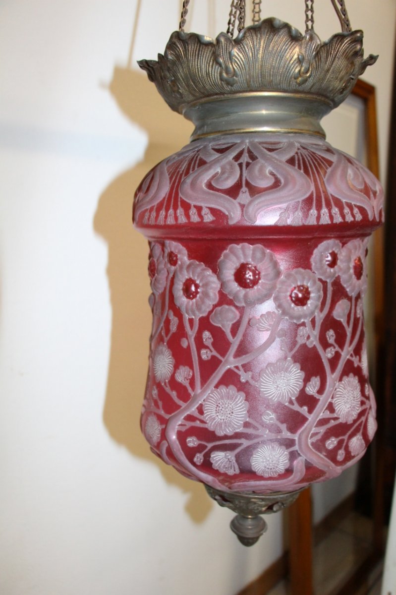 Krasna Red Crystal Lantern, Signed Art Nouveau-photo-3