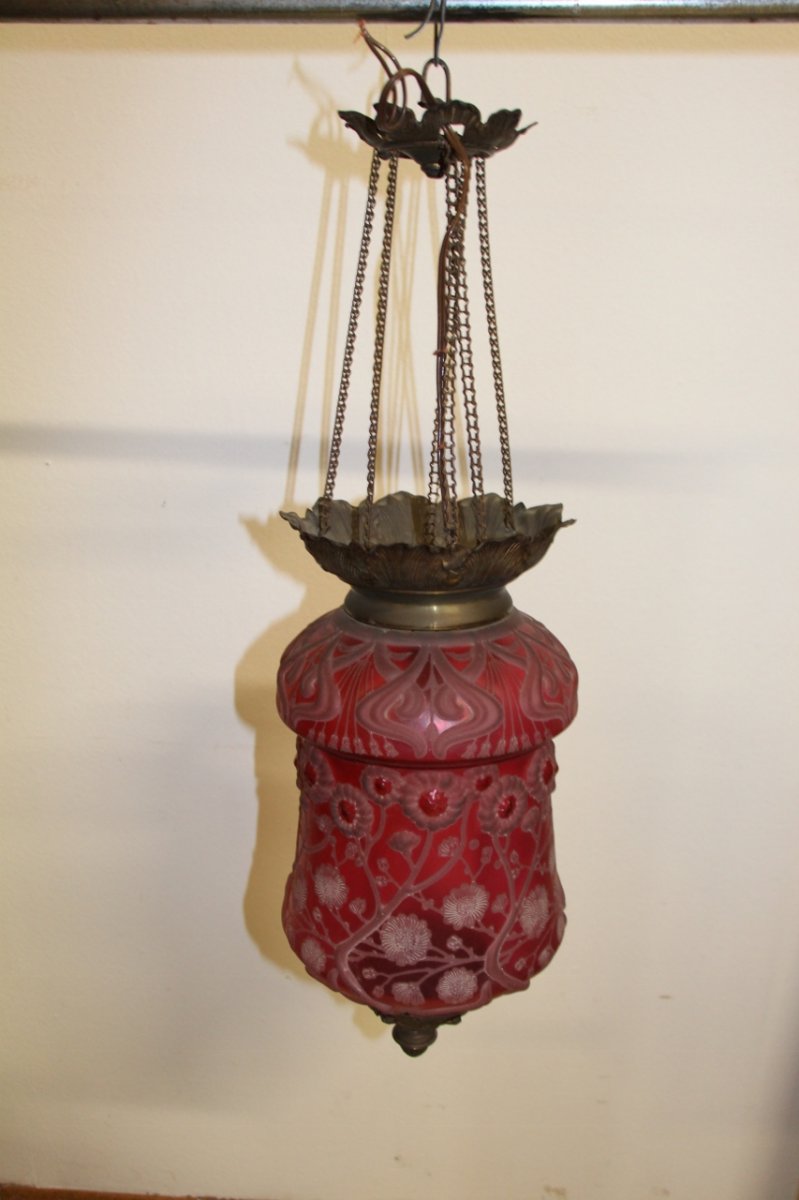 Krasna Red Crystal Lantern, Signed Art Nouveau