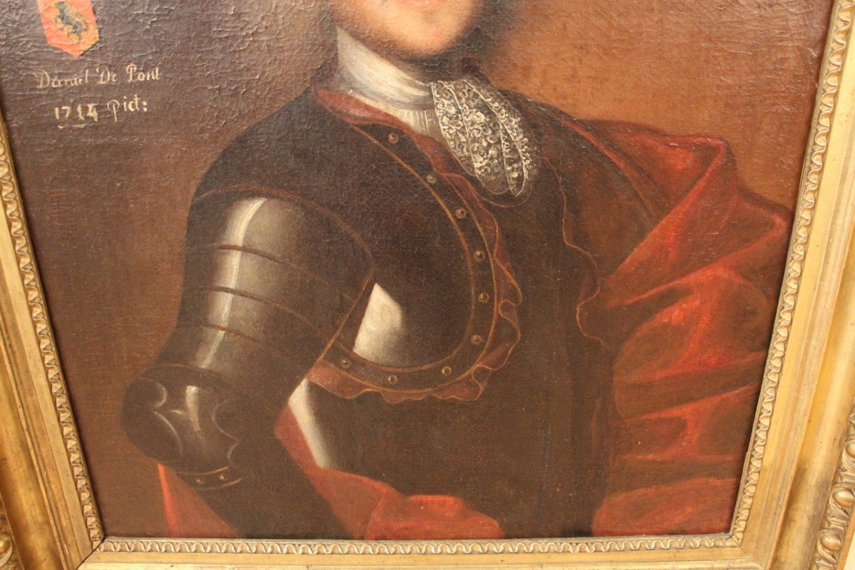 Large Portrait Early XVIIIth Of Daniel De Pont Wlyamoz, Captain In The Service Of Spain-photo-2